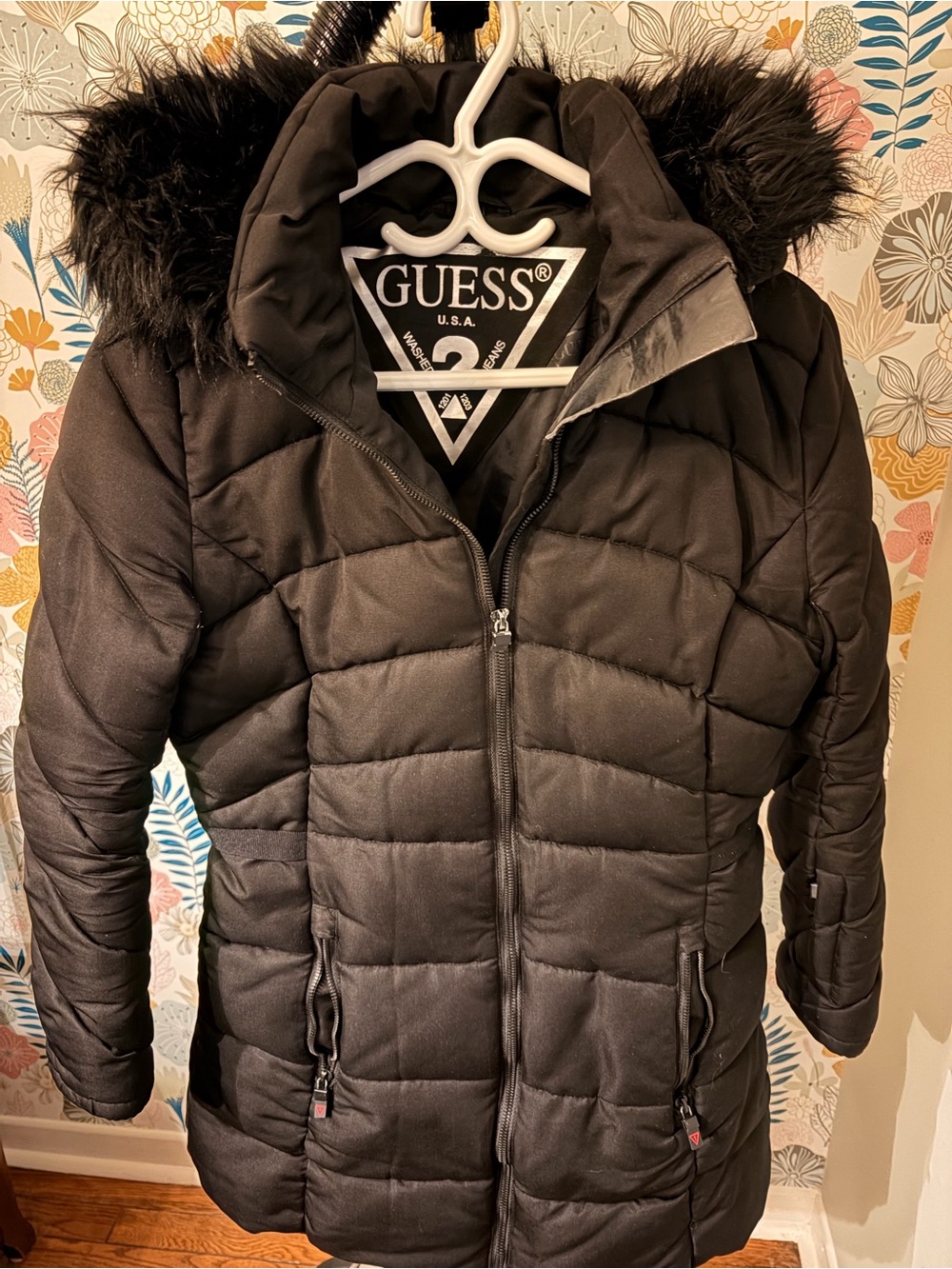 GUESS Black Quilted Puffer Jacket with Faux Fur Trim Hood